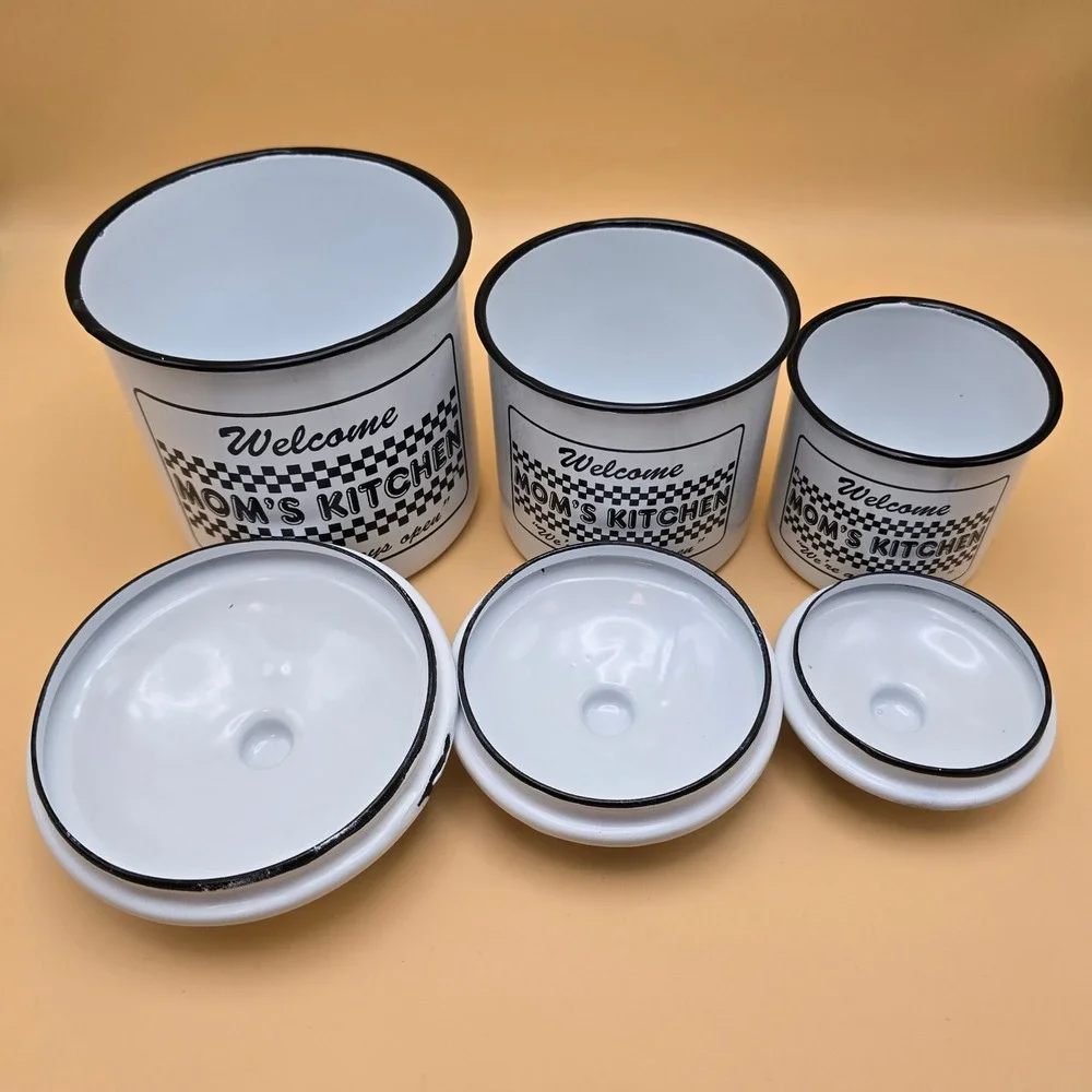 Vintage Mom's Kitchen Enamel Canister Set White Black Checkered 3 Piece Rustic